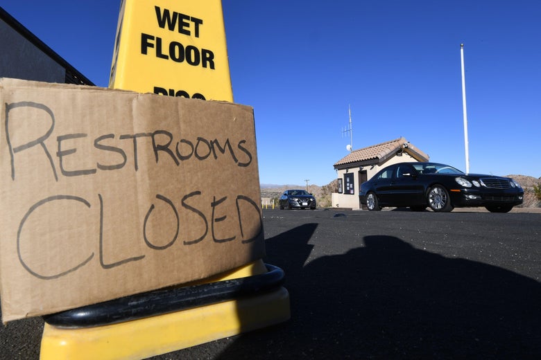 Tourists drive past the closed entrance ticket station of the Joshua Tree National Park after the federal government's partial shutdown caused park rangers to stay home and campgrounds to be shut, at the park in California, on January 3, 2019.